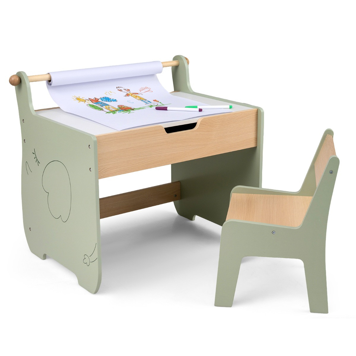 Costway Kinderbureau en Stoelenset met Omkeerbaar Tafelblad