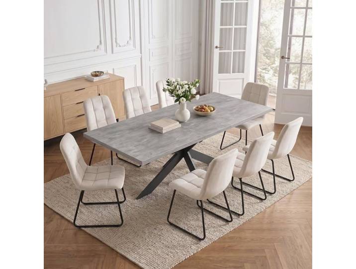 JIEXI Ensemble de table à manger extensible et 8 chaises en velours beige 160-200 cm