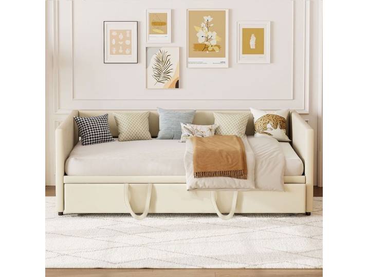 Lit Gigogne 90x200cm - Canapé Lit Double Extensible 180x200cm Rembourré Velours - Lit Double - Sans matelas - Beige