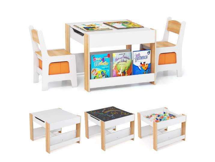 4-in-1 Kindertafel & Stoelenset Peuter Activiteitentafel met Omkeerbaar Tafelblad & Opbergboxen voor Tekenen Lezen Spelen Natuur