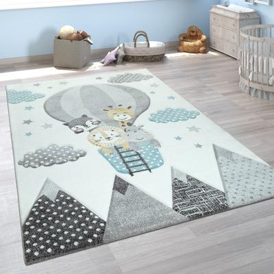 Paco Home Nursery Rug for Kids Cute Animals on a Hot Air Balloon in Cream Blue