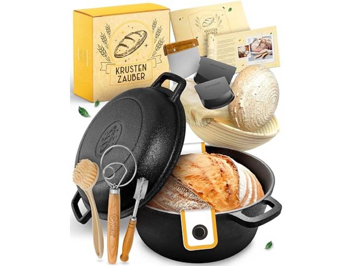 KRUSTENZAUBER Gusseisen Topf Brot Backen im XXL-Set inkl. Brotbackzubehör Geschenkfertige Brotbackform mit Deckel samt Backzubehör & Anleitung für den sicheren Einstieg und gelungenes Brot zu Hause