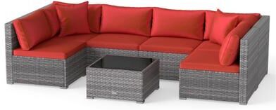 Costway 7-Piece PE Rattan Patio Set with Glass Table & Soft Cushions for Outdoor-Red