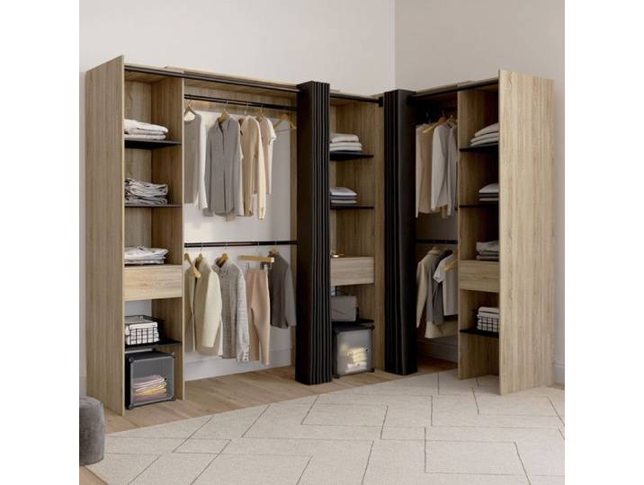 IDMARKET Dressing extensible d'angle MARLON 230 x 140 x 180 cm hêtre avec penderies + étagères + rideaux noirs