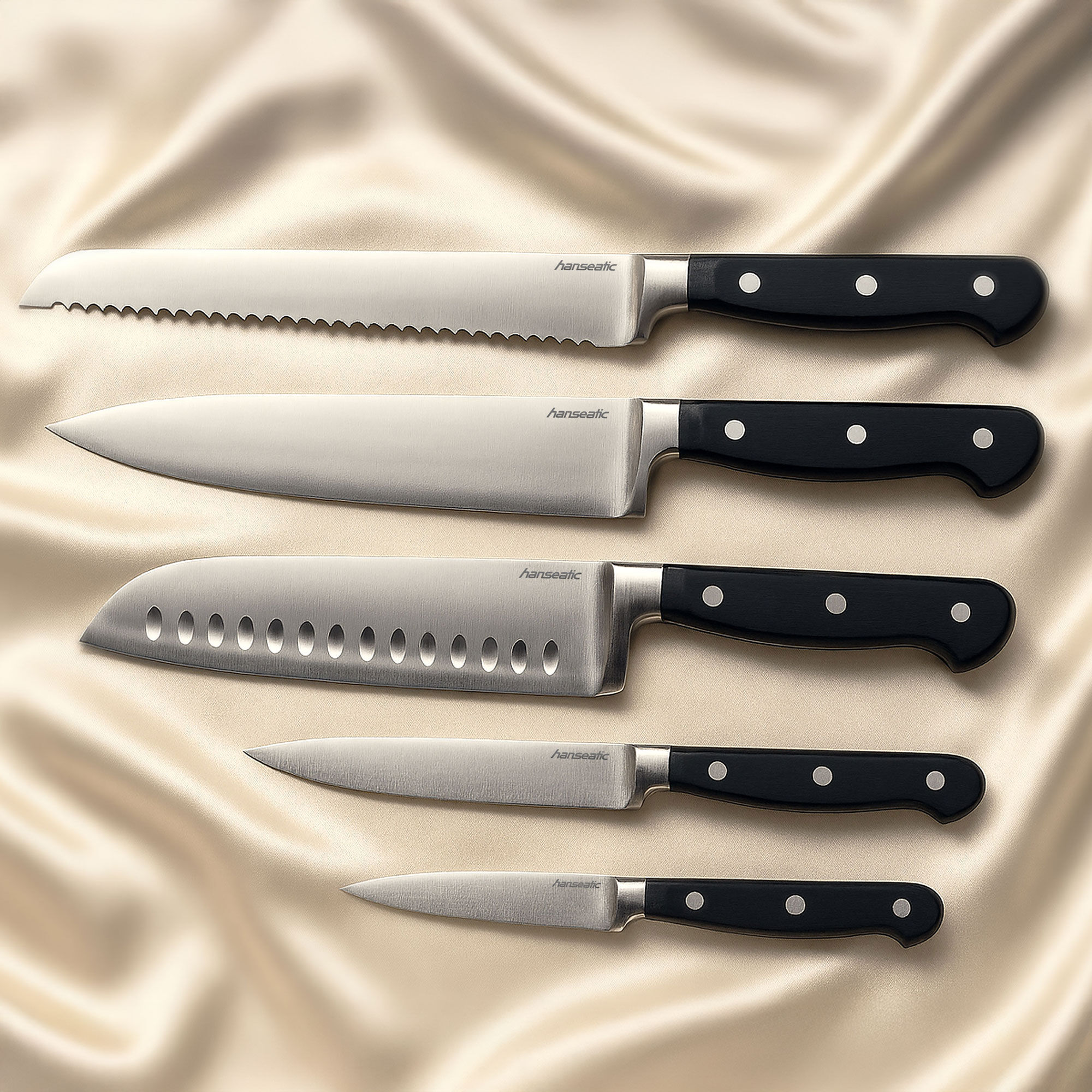 Messer-Set HANSEATIC "hanseatic PREMIUM, 5-teilig", schwarz, Edelstahl, Kochmesser-Sets, Messer-Set, mit schwarzen Griffen, mit Nieten