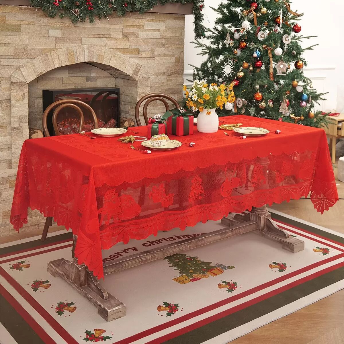 INF Nappe de Noël Festive en Dentelle - Décoration de Table de Fête en Polyester Brodé Rouge XL