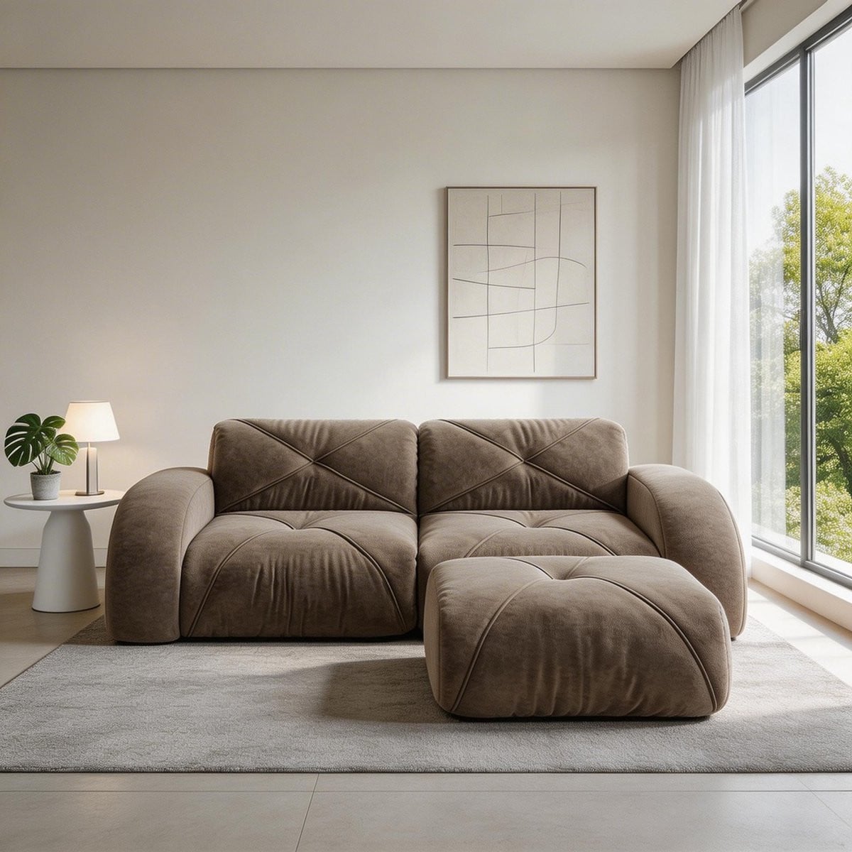 Komhtom Modulaire Moderne 2-zitsbank met Poef in Bruine Chenille-stof