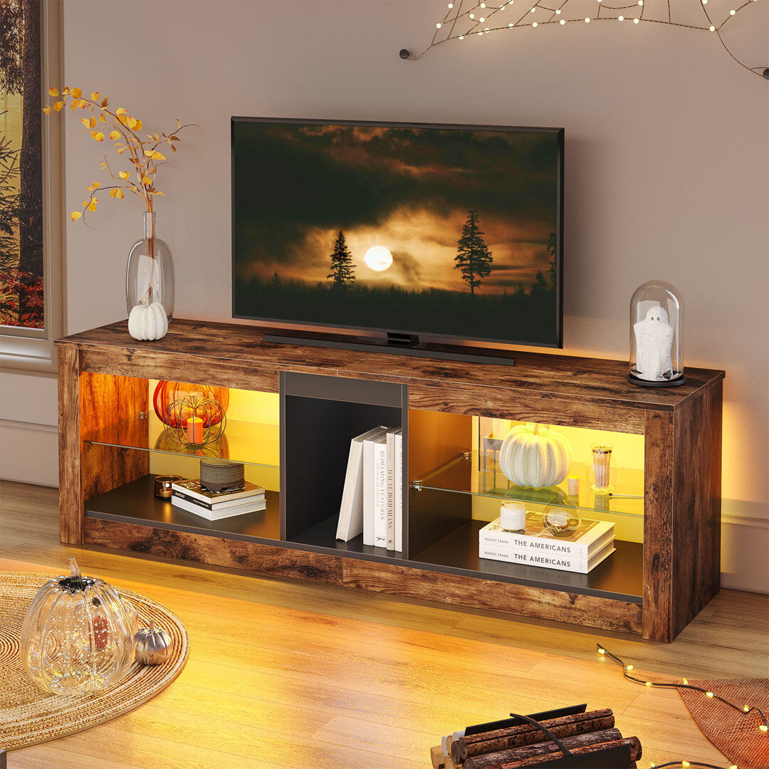17 Stories Nabria 55" length TV Stand Cabinet With Glass Shelf & RGB LED Lighted for up to 65" TVs Brown 65"
