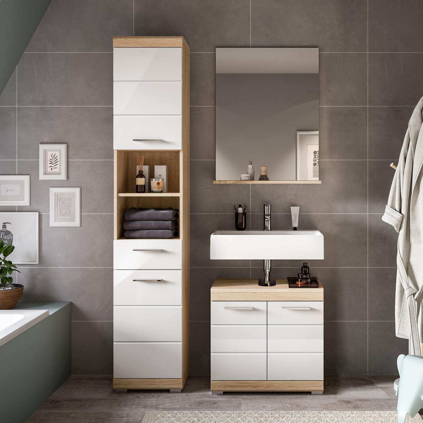 Lambada badkamer L16 wit hoogglans met eiken decor