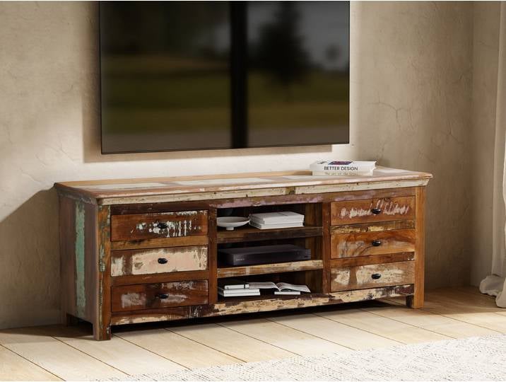 TV Board 160x60cm 'Hawkins' recyceltes Altholz mehrfarbig lackiert 6 Schubkästen