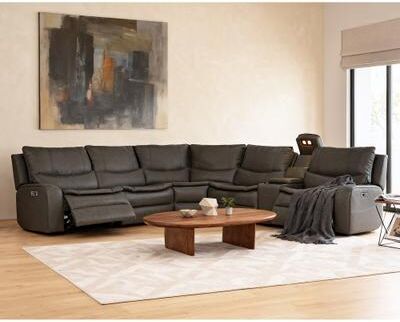 UR livingroom 6PCS, 2 Power Recliners, Faux Leather Sectional with Adjustable Headrests, Double Width Seat, Wireless Charging and Reading Lamp