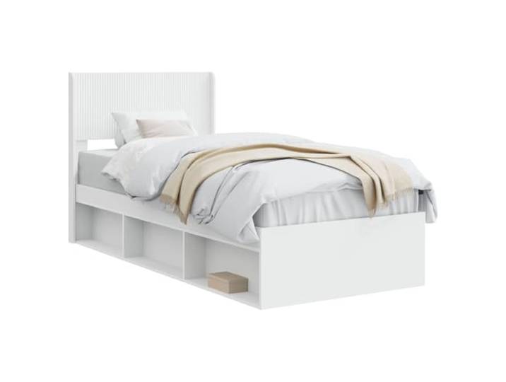 PUGYNBK Bettgestell mit Stauraum und Kopfteil, Weiß Hochwertiges Holz, Lattenrost, ohne Boxspring, einfache Reinigung, einfache Montage