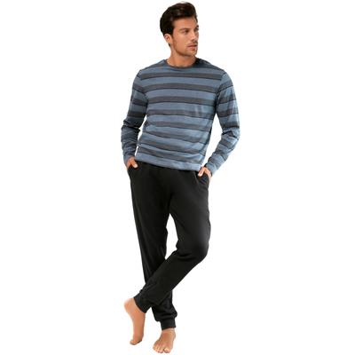 Pyjama H.I.S, Herren, Gr. 44/46 (S), blau (blau, meliert, gestreift, schwarz), Jersey, Obermaterial: 100% Baumwolle, gestreift, Basic, bequem lang, Rundhals, abgesteppte Kante, Homewear-Sets Pyjama, Schlafanzug mit aufwendig gestreiftem Oberteil