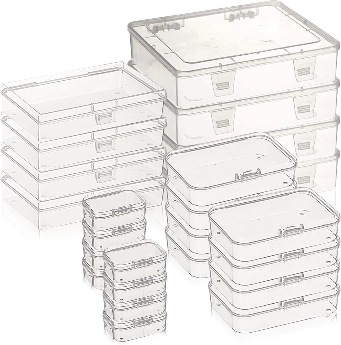 Transparante stapelbare opbergdozen met deksel van plastic, gemengde maten rechthoekige containers voor kantoorartikelen, kralen en sieraden