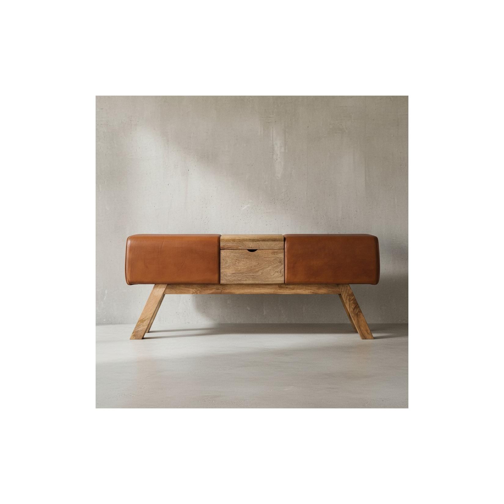 KADIMA DESIGN Retro Sitzbank, Echtes Leder, Holzbeine, 120 cm - Stilvoll & Komfortabel mit Stauraum