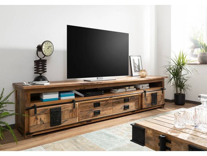 Meuble TV 260x50 Manguier laqué Bois naturel RAILWAY #155