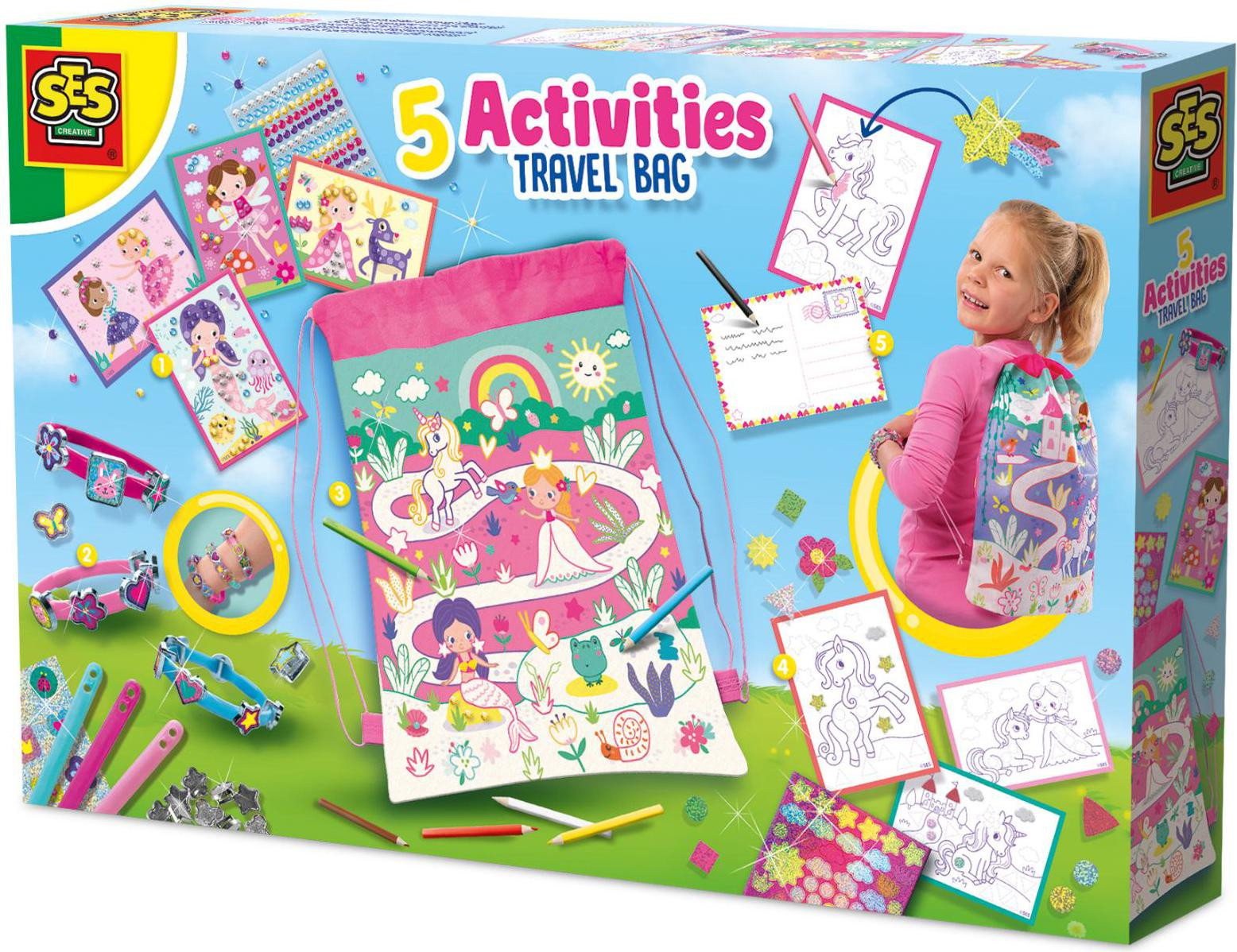 SES Creative Reisbag met 5 activiteiten, Creatieve set voor kinderen, Meerkleurig
