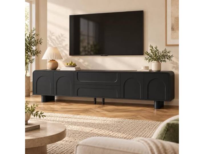 TV Lowboard Schwarz 180 cm, Fernsehschrank mit Türen & Schubladen (Schwarz) Modernes TV Lowboard mit Stauraum, Kabeldurchführungen, Bogenfront und abgerundeten Kanten fürs Wohnzimmer