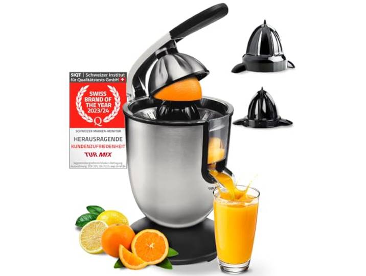 Elektrische Zitruspresse mit Hebel und 2 Kegeln für alle Zitrusfrüchte 160-W-Motor, Tropfstopp und spülmaschinengeeignete Teile für Zitronen, Orangen, Grapefruits und Limetten.