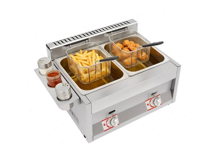 Friteuse à gaz, friteuse professionnelle à gaz, double cuve 6L/chaque cuve avec 50-380 litres ° C Réglable pour restaurant, snack-bar, cuisine
