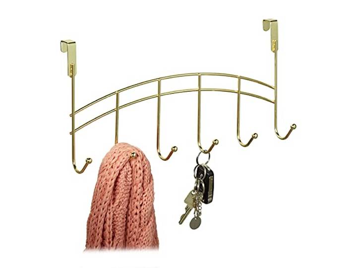Relaxdays Patères de porte\, 6 crochets\, accrocher\, porte manteau de couloir\, chambre\, salle de bain\, 20x40x9 cm\, doré