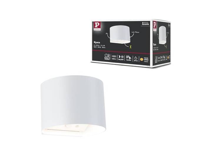 Paulmann Nyora 71285 Applique murale LED sans fil avec détecteur de mouvement contrôlé au crépuscule (HF) IP44 3000 K 135 x 120 mm 2 x 1 W/1 W Blanc