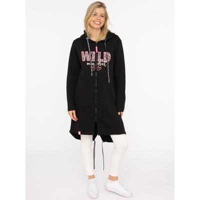 Jerseymantel ZWILLINGSHERZ "Wild Mindset", Damen, Gr. S/M, schwarz, angeraute Sweatware, Obermaterial: 50% Baumwolle, 50% Polyester, Mäntel, mit großem WILD Motiv gestickt, Leo Details, Taschen