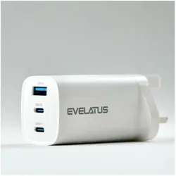Evelatus 65W Max Fast Charger UK USB-C1/USB-C1/USB-A (65 W, 3 Ports), USB Ladegerät, Weiss