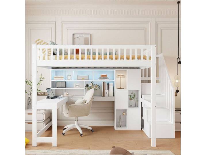 Lit mezzanine - MODERNLUXE - 140x200 cm - LED - Échelle rangement - Bureau intégré - Blanc
