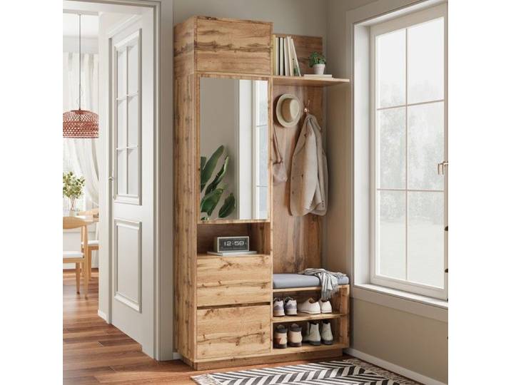 Armoire Entrée Compacte avec Miroir Banc et Meuble à Chaussures - Ensemble Meubles Rangement Pratique avec Pateres 90x34.5x190cm