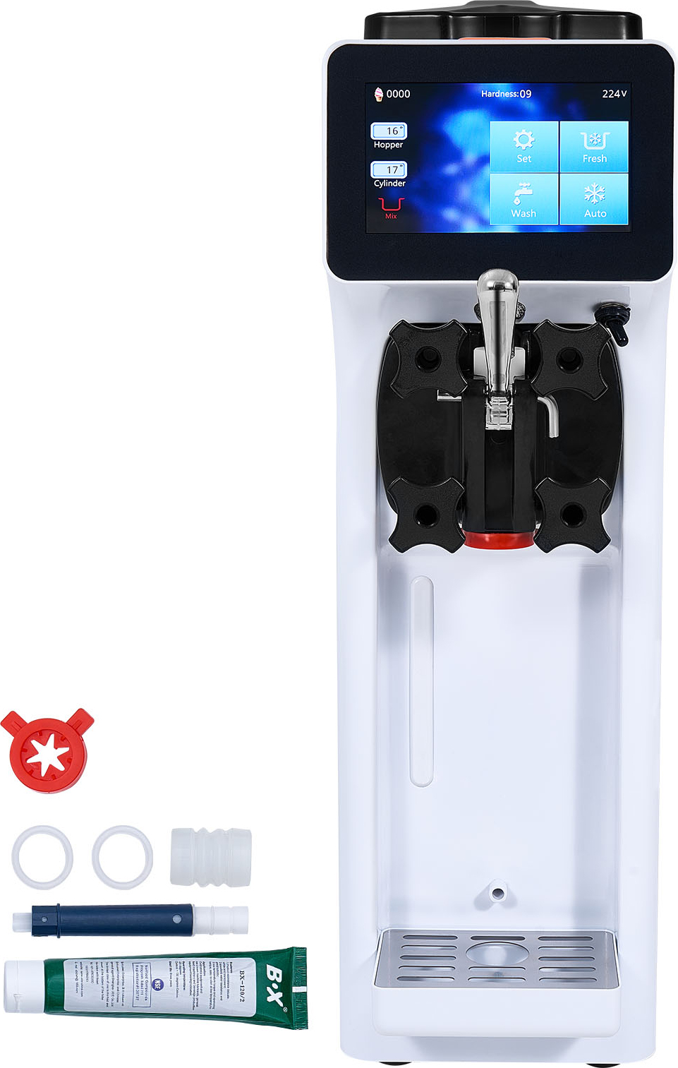 SucceBuy 900 W kommerzielle Eismaschine, Ausbeute 10 l/h, Einzelsorte, Softeismaschine für die Arbeitsplatte, 4 l Trichter, 1,6 l Zylinder, Touchscreen, automatische Reinigung, Vorkühlung für Restaurant-Snackbar