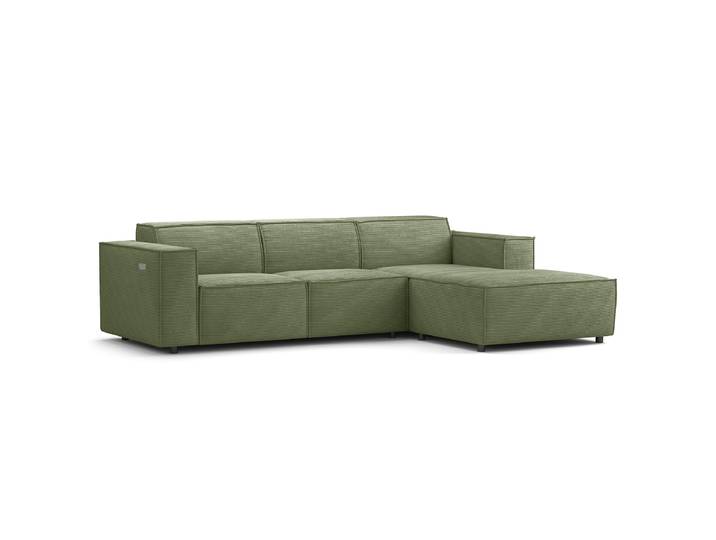 Ecksofa mit Longchair Grün Cordstoff Scilla 260cm Longchair davorstehend rechts Sitztiefenverstellung Modern