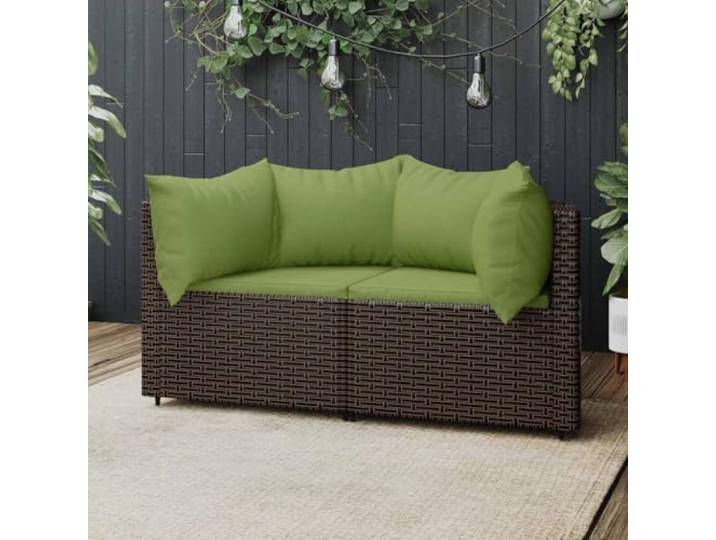 YUOTYRKTEJRSG Wetterfestes Polyrattan Modernes Design Eckbank 2 Stück Braun Garten-Ecksofas mit Kissen 2 Stk. Braun Poly Rattan, wetterfest, modular, Stahlrahmen, grüne Polster, 63x63x57,5 cm