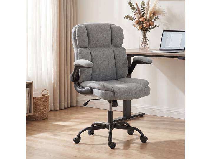 HOMCOM Chaise Bureau Pivotante Tissu Gris Accoudoirs Rabattables
