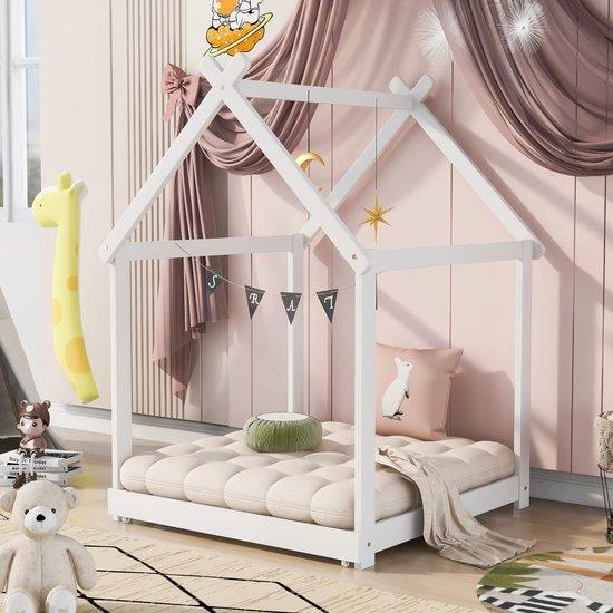 High Speed Shops - Massives Holzhaus Bett 90 x 200 für Kinder - Weißes Einzelbett mit Lattle Bett für Jungen und Mädchen - Ideal für Schlafzimmer und S
