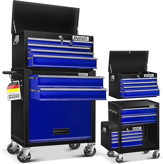 Werkstattwagen inkl. Koffer - 9 Fächer Abschließbar | Massives Metall | Mobiler Werkzeug-Wagen ohne Werkzeug | Profi| Rollwagen zur Werkzeugaufbewahrung mit Schloss | Blau