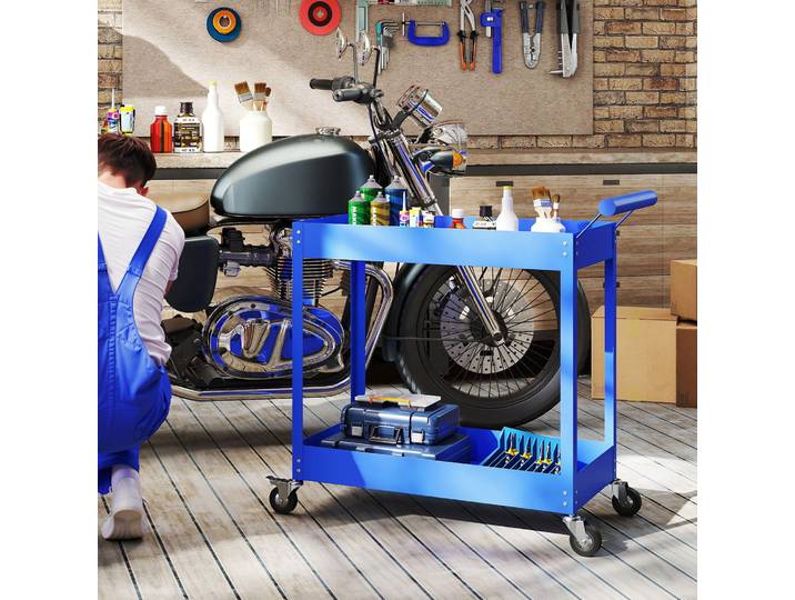 DURHAND Chariot Atelier 2 Niveaux Roulettes Verrouillables Bleu