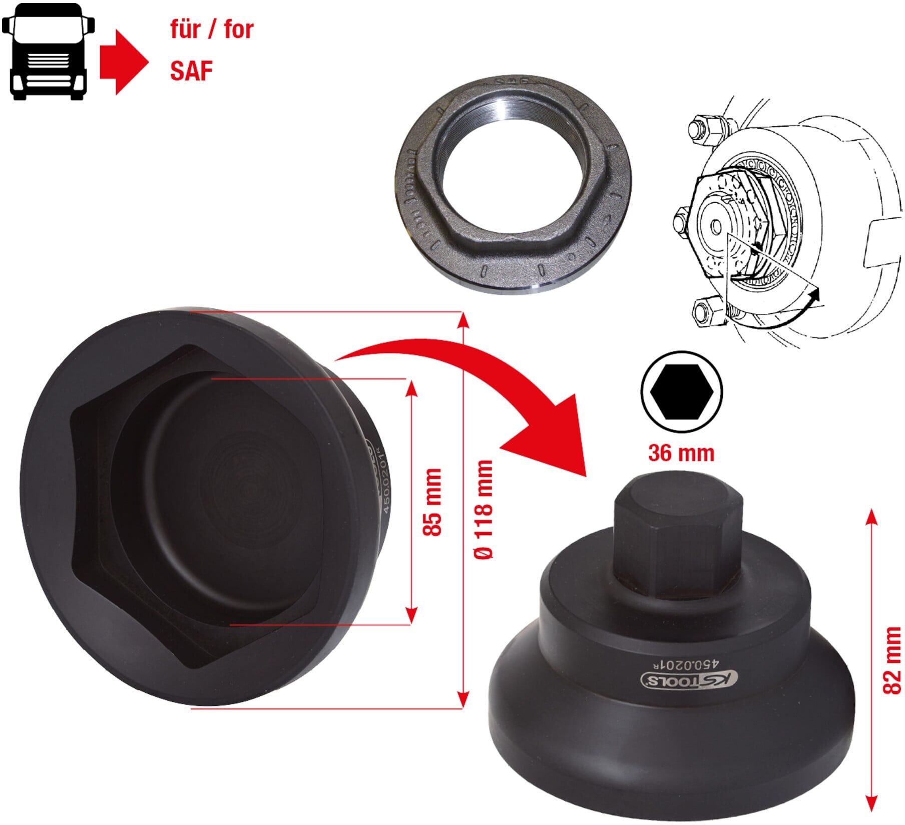 KS Tools Achsmuttern-Schlüssel für SAF 85 mm, D. 118 mm (450.0201)