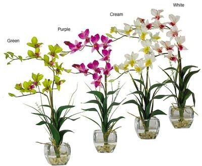 Nearly Natural Dendrobium Silk Flower Arrangement with Glass Vase