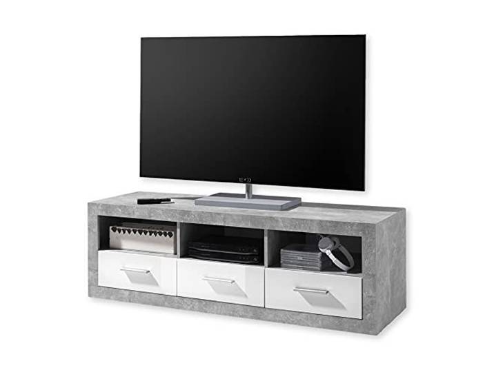 STONE Kommode mit Schubladen in Beton Optik, Weiß Hochglanz - Moderne Kommode mit viel Stauraum für Ihren Wohnbereich