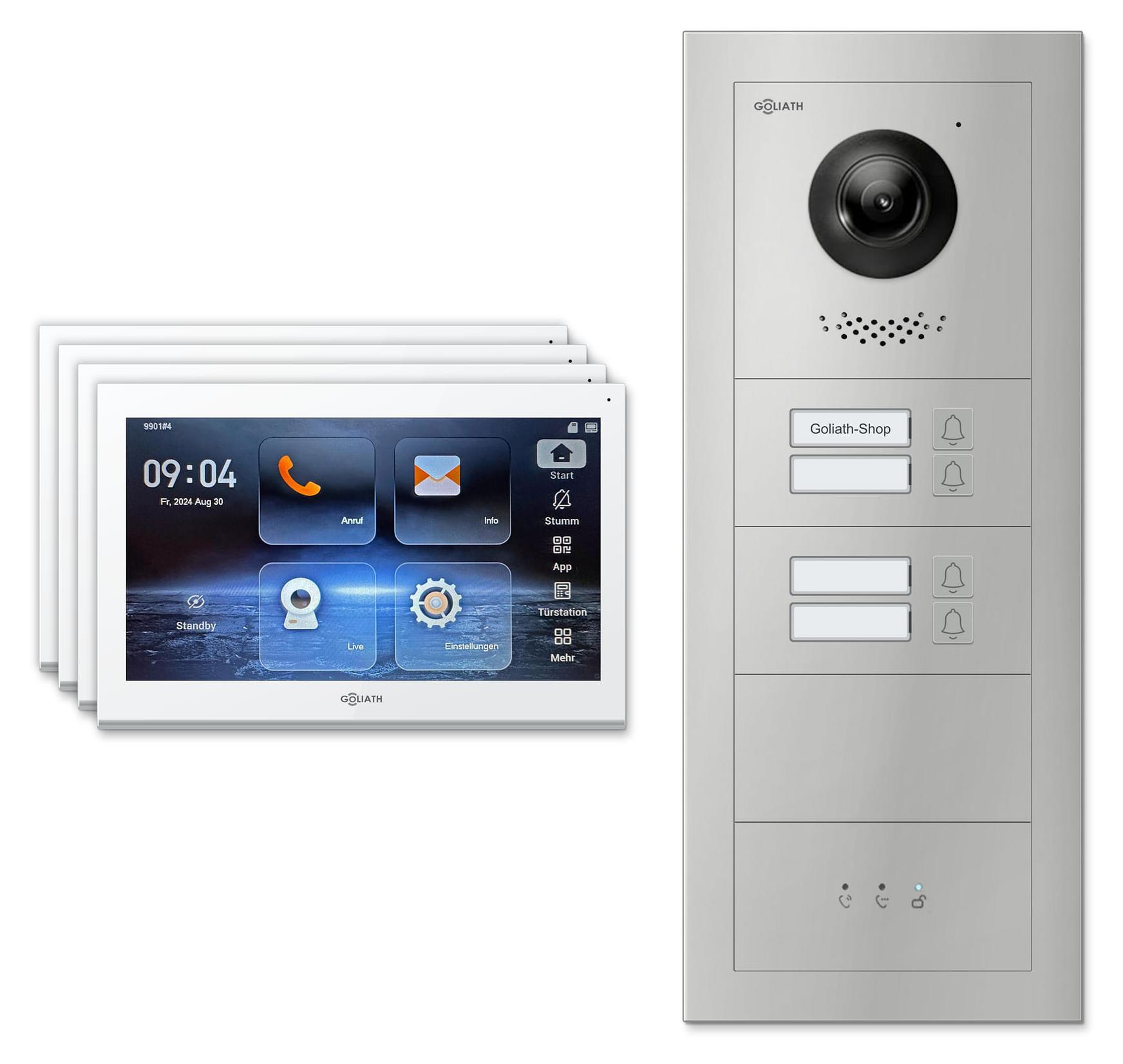Goliath Premium IP GL-IPH440 Video-Türsprechanlage, 4 Familien, 4× 10 Zoll Weiß, Silber, Unterputz