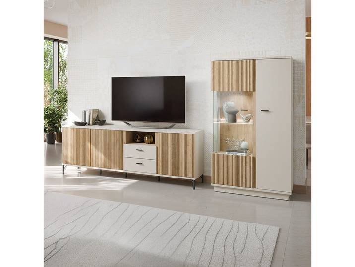 Lomadox Wohnwand MOLINA-129, (2-St., Highboard Lowboard), Wohnzimmermöbel in Eiche & kaschmir mit Softclose & LED-Beleuchtung