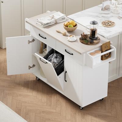 Kitchen Island with Trash Can Storage Cabinet,with Drop Leaf,Spice Rack,Towel Rack and Drawer,Adjustable Shelf