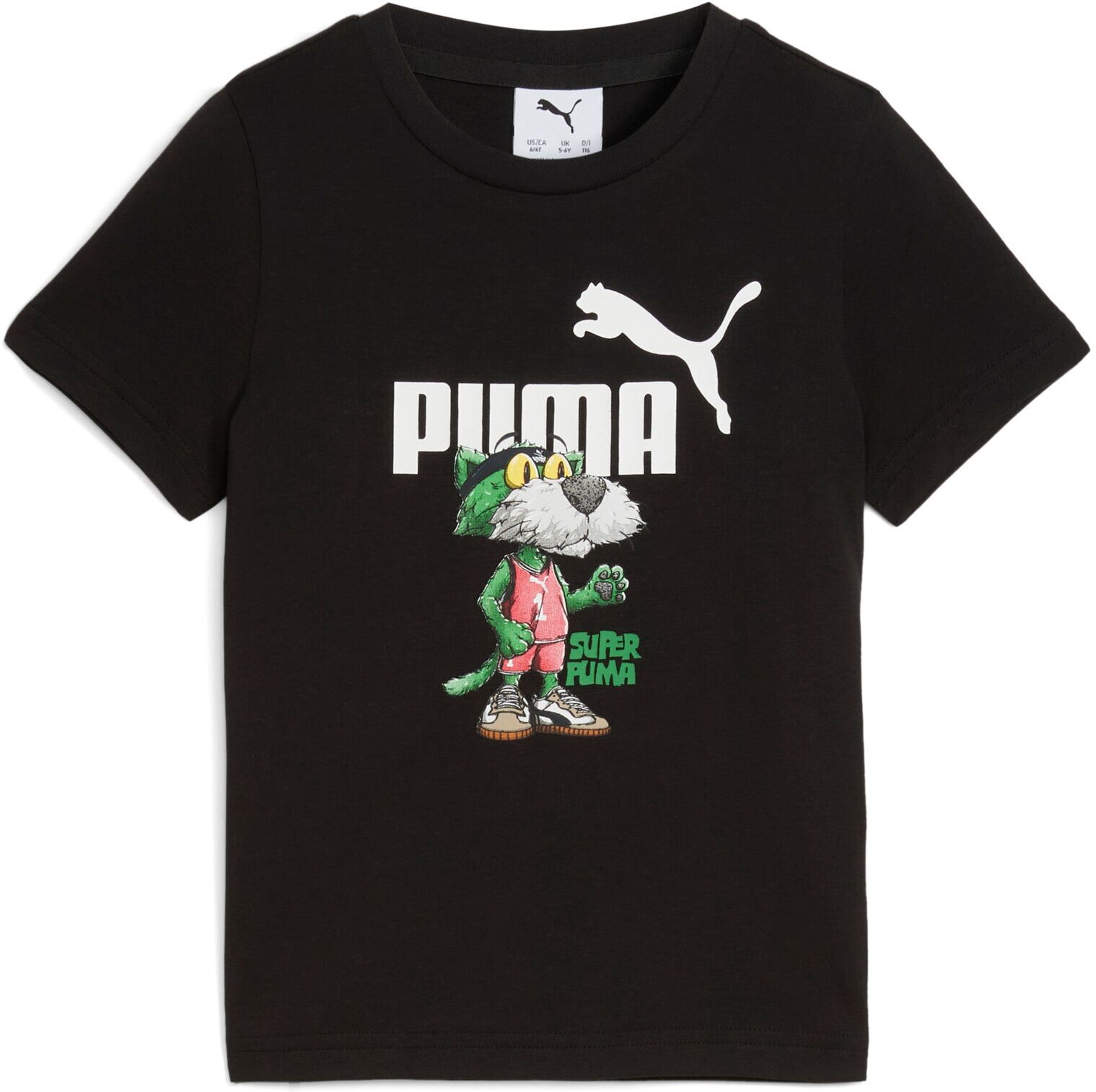 T-Shirt PUMA "SUPER GRAPHIC TEE PS", Jungen, Gr. 104, schwarz (puma schwarz), Jersey, Obermaterial: 100% Baumwolle, bedruckt, regular fit normal, Rundhals, Shirts T-Shirt, Regular Fit, Kurzarm, Rundhalsausschnitt, mit Print-Applikation puma schwarz 104