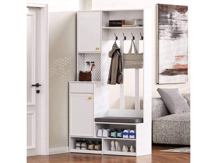 Ensemble vestiaire 100x35x180 cm avec banc 4 crochets 2 tiroirs portes panneau perforé rangement entrée MDF blanc