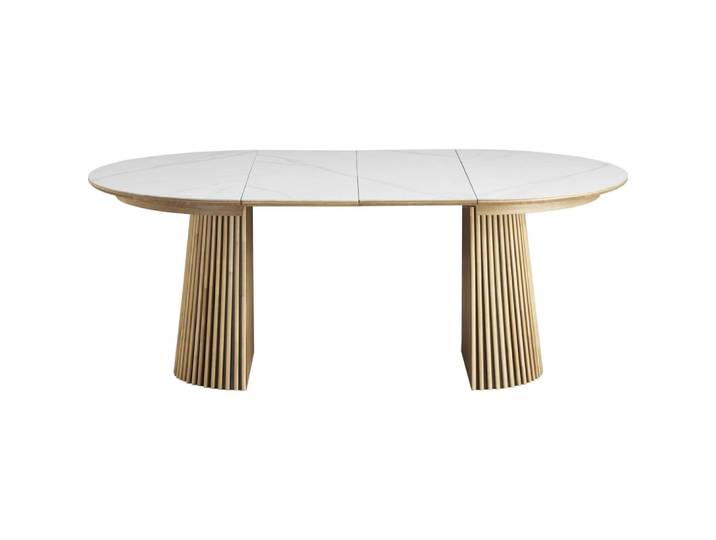 Table à manger ronde extensible en céramique effet marbre / bois clair