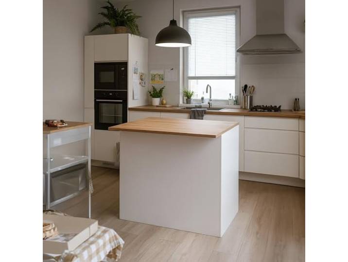 Dmora - Kücheninsel Emmanuel, Mehrzweckschrank, Küchenzeile Schrank, Zusätzlicher Tisch, 100% Made in Italy, 125 x 90 x 90 cm, glänzendes Weiß und Eiche