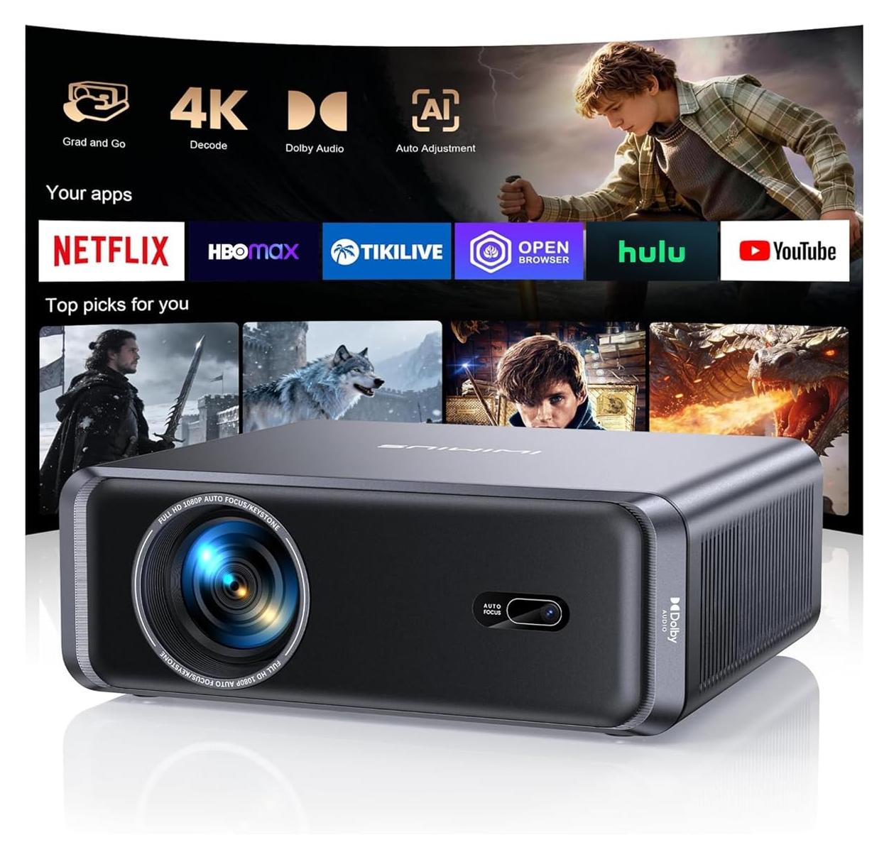 Smart Beamer, Autofokus/Trapezkorrektur 1000 ANSI Beamer 4K Unterstützt, WiFi6 B