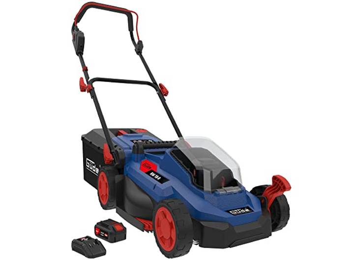Güde 58400 Akku Rasenmäher RM 18-401-23 (wartungsfreier, bürstenloser Motor, 18 V, Li-Ion, 4,0 AH, 72 Wh, Mähen, Sammeln und Mulchen), Blau/Schwarz/Rot