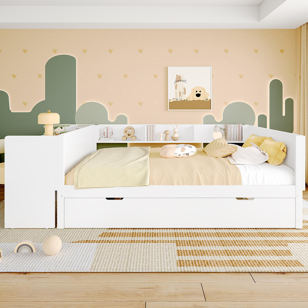 Sweiko Holzbett 140x200cm,Flachbett mit Schreibtisch und Rollbett,Doppelbett ,weiß,Ohne Matratze